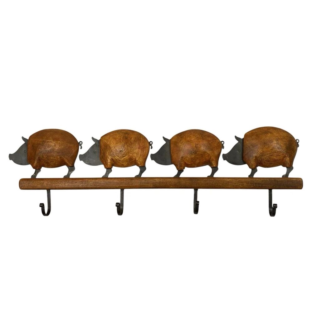 Pier 1 Pig Wall Hooks Farmhouse Rustic 4 Hook Rack Wood Metal Cottage Decor